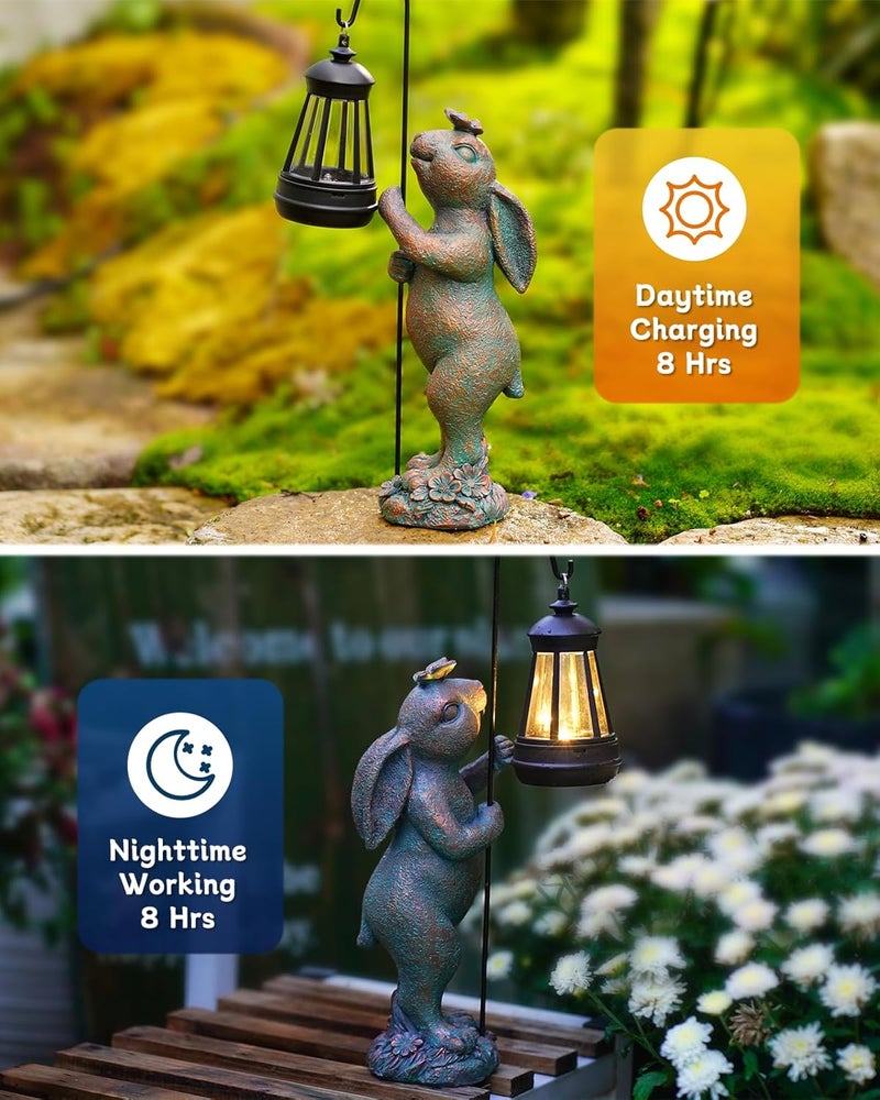 Pohabery Garden Statues Outdoor Bunny with Solar Lantern – Rabbit Yard Decor, Waterproof Resin Figurine Pathway Light for Lawn & Patio - Image 5